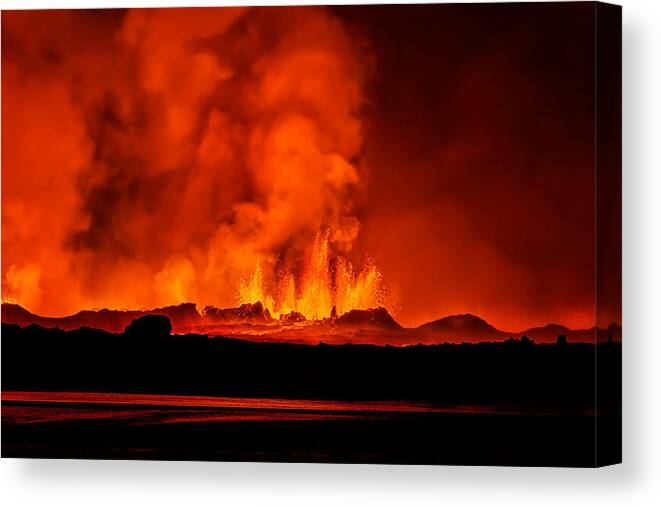Photography Canvas Print featuring the photograph Lava Fountains At Night, Eruption by Panoramic Images
