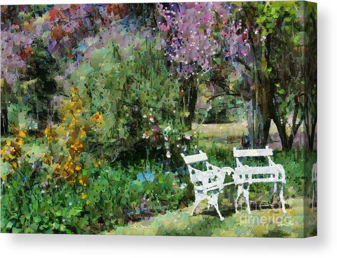 Garden Canvas Print featuring the digital art Lawn chairs in the garden by Fran Woods