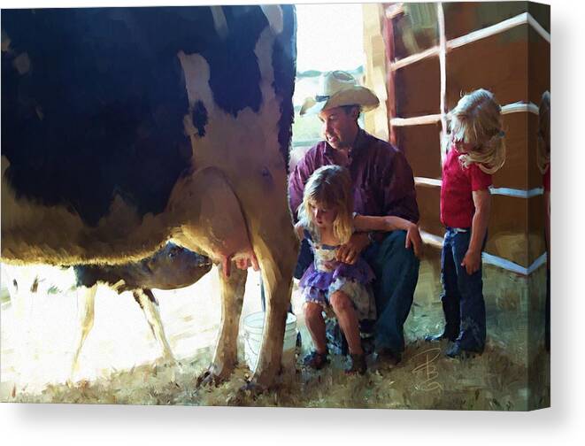 Animal Canvas Print featuring the digital art Learning how to get milk by Debra Baldwin