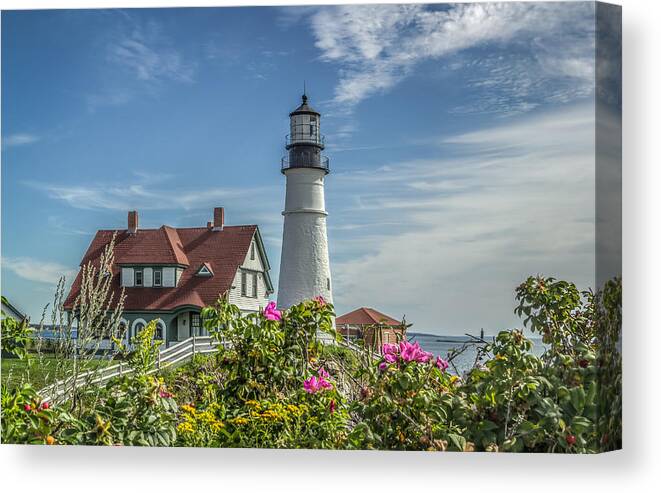 Maine Canvas Print featuring the photograph Lighthouse and wild roses by Jane Luxton