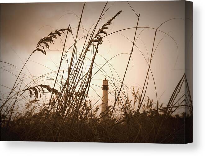 Lighthouse Canvas Print featuring the photograph Lighthouse in the Distance inn Sepia by Laurie Perry