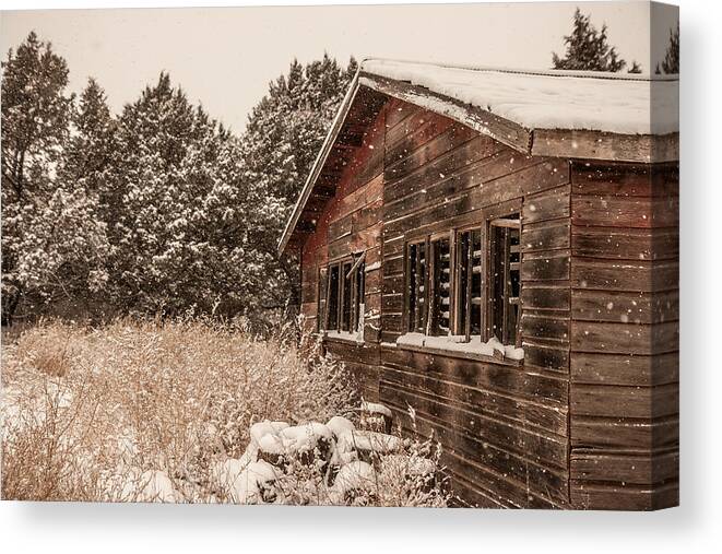  Barn Canvas Print featuring the photograph Snowing Softly by Shirley Heier