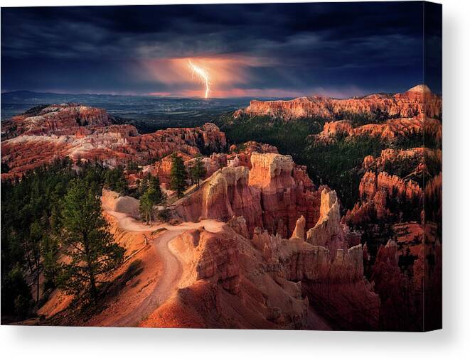 Landscape Canvas Print featuring the photograph Lightning Over Bryce Canyon by Stefan Mitterwallner
