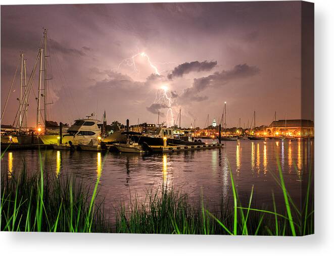 As The Storm Approached Most Of The Strikes Where Obstructed By Clouds. Patience Was Well Rewarded With This Cloud To Group Strike. Canvas Print featuring the photograph Lightning Strikes Annapolis by Jennifer Casey