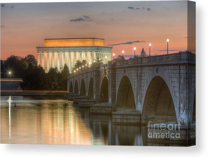 Clarence Holmes Canvas Print featuring the photograph Lincoln Memorial and Arlington Memorial Bridge at Dawn I by Clarence Holmes