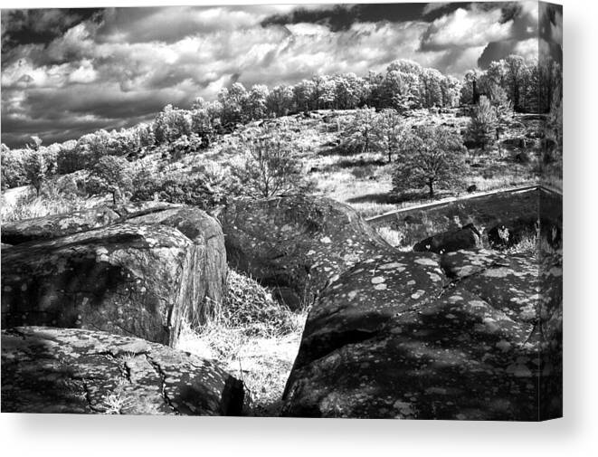 Gettysburg Battlefield Canvas Print featuring the photograph Little Roundtop overlooking Devils Den by Paul W Faust - Impressions of Light