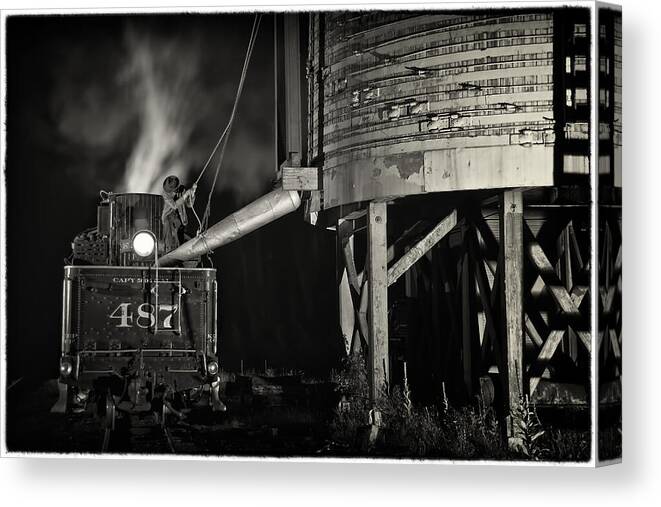 Train Canvas Print featuring the photograph Loading Water at Chama Train Station by Priscilla Burgers