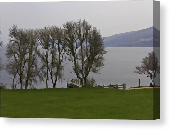 Boat Jetty Canvas Print featuring the digital art Loch Ness and boat jetty next to Urquhart Castle by Ashish Agarwal
