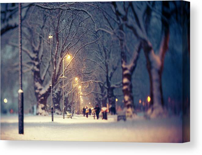 People Canvas Print featuring the photograph London Fields In The Snow Tilt-shift by Photo By Nicole Fallek