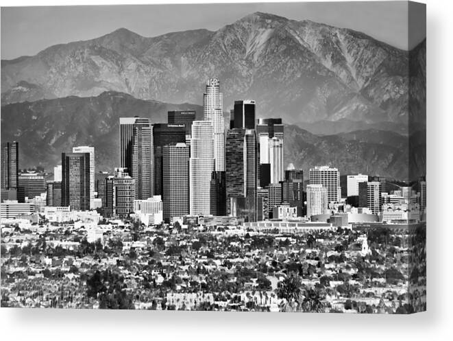 Los Angeles Skyline Canvas Print featuring the photograph Los Angeles California Skyline - Black and White by Gregory Ballos