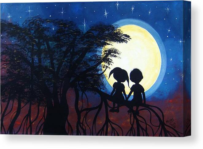 Moon Canvas Print featuring the painting Love Under the Banyan Tree by Cindy Micklos
