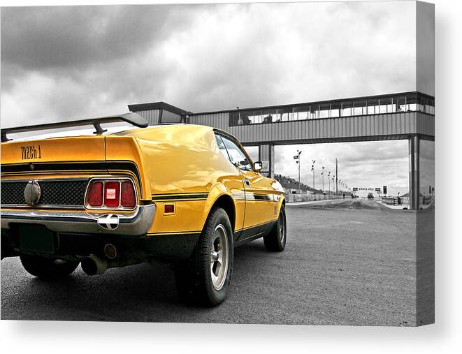 Classic Mustang Canvas Print featuring the photograph Mach1 Mustang Rear At The Drag Strip by Gill Billington