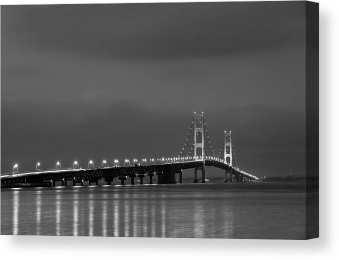Dusk Canvas Print featuring the photograph Mackinac Bridge Black and White by Sebastian Musial