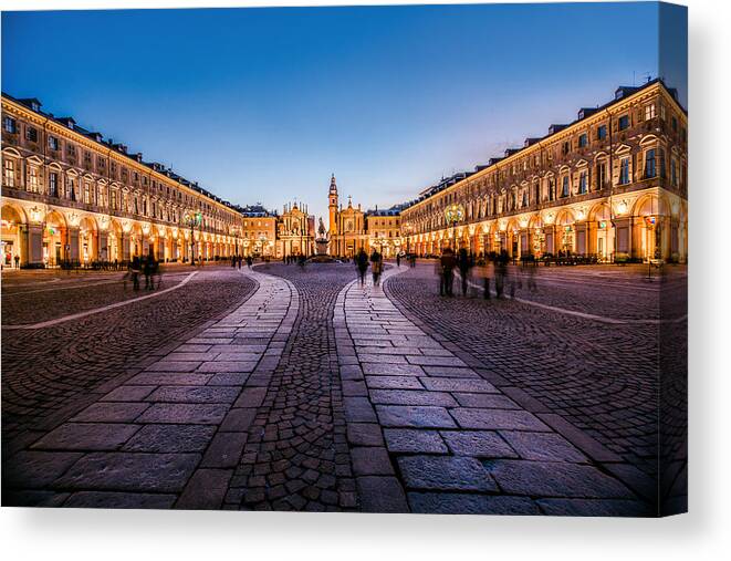 Horse Canvas Print featuring the photograph Main View of San Carlo Square and Twin Churches at Night, Turin by AleksandarGeorgiev