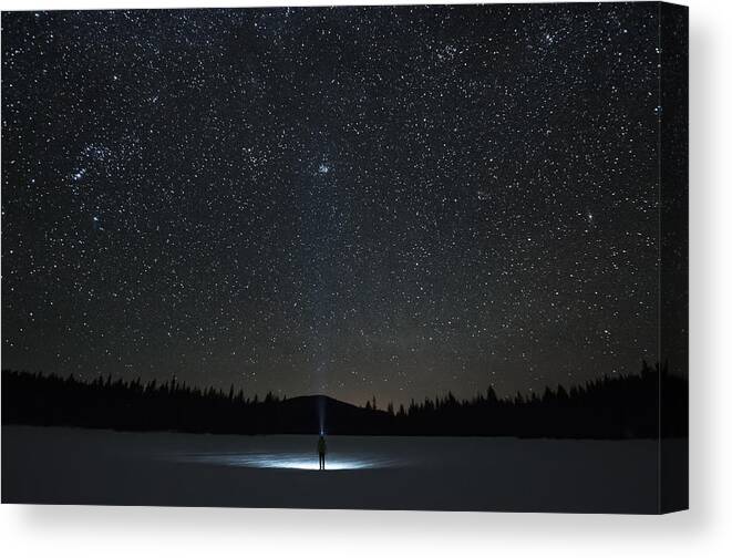 Tranquility Canvas Print featuring the photograph Man looking up at Pleiades star cluster and Orion constellation, Nickel Plate Lake, Penticton, British Columbia, Canada by Preserved Light Photography