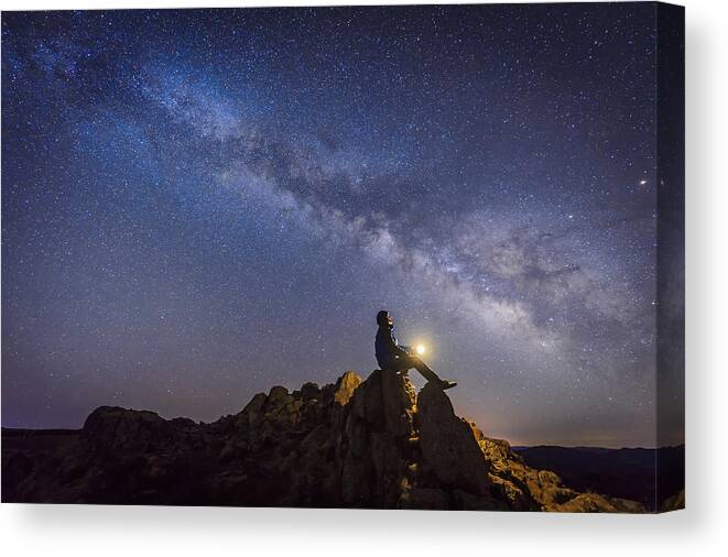 Astrophysics Canvas Print featuring the photograph Man sitting under The Milky Way Galaxy by Bjdlzx