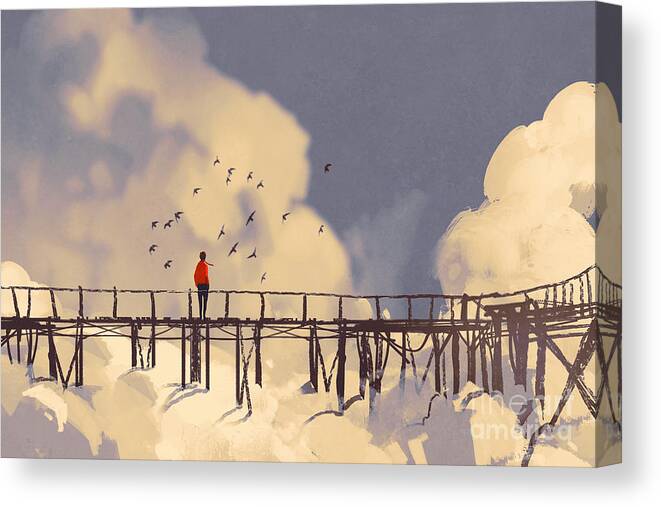 Sky Canvas Print featuring the digital art Man Standing On Old Bridge by Tithi Luadthong