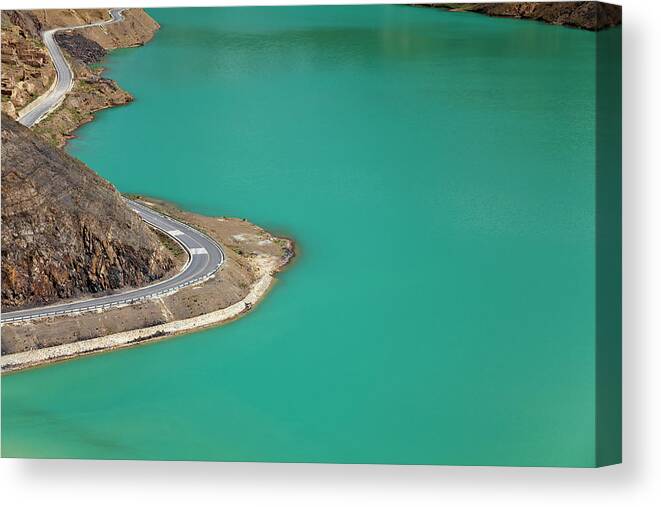 Water's Edge Canvas Print featuring the photograph Manla Reservoir, Jiangzi County, Tibet by Loonger