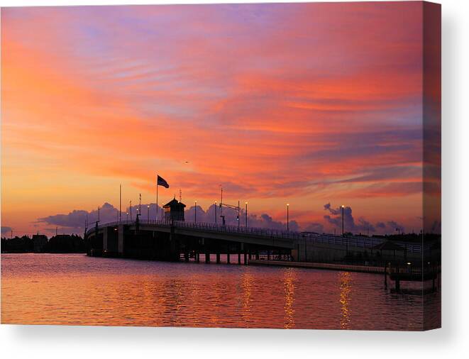 Sunset  Canvas Print featuring the photograph Mantoloking Bridge at Dawn by Roger Becker