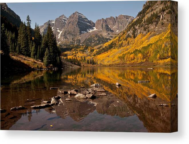 Photography Canvas Print featuring the photograph Maroon Bells Reflection by Lee Kirchhevel