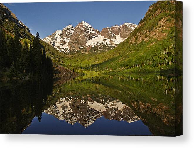 Photography Canvas Print featuring the photograph Maroon Bells Reflection Summer by Lee Kirchhevel