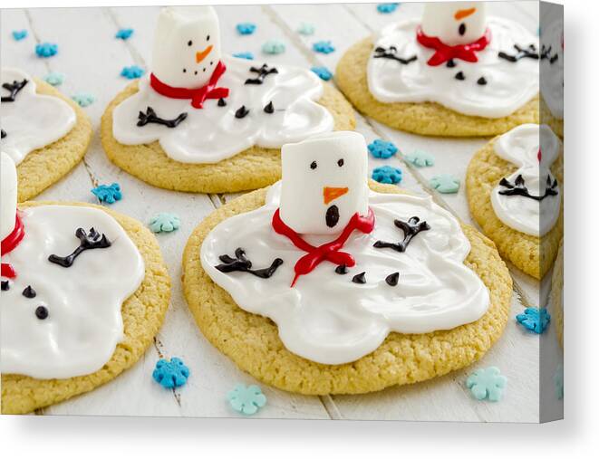 Baked Canvas Print featuring the photograph Melting Snowman Cookies by Teri Virbickis