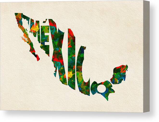 Mexico Canvas Print featuring the painting Mexico Typographic Watercolor Map by Inspirowl Design