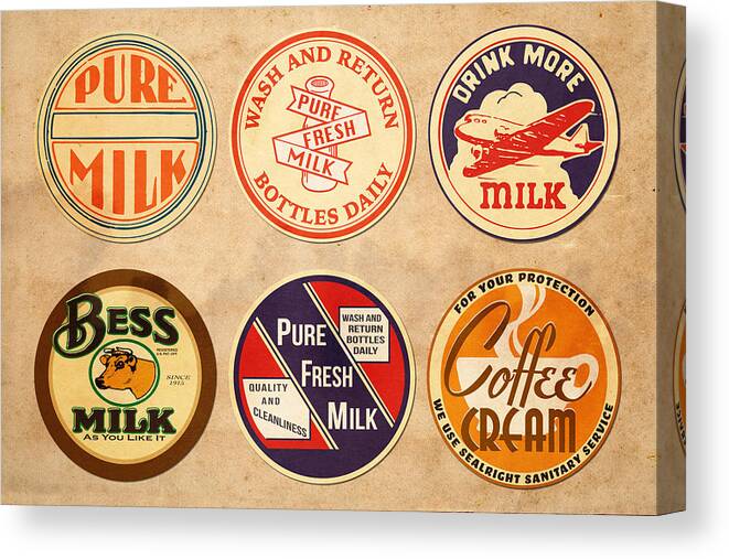 Vintage Milk Bottle Labels Canvas Print featuring the digital art Milk Bottle Tops by Greg Joens