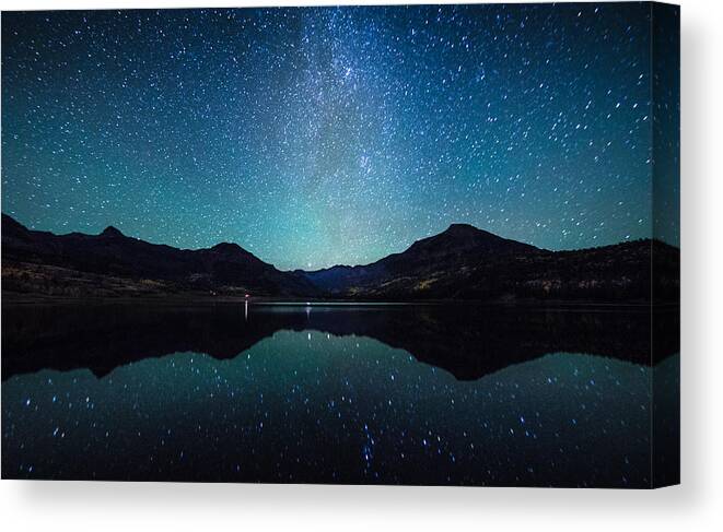 Premiere Event Canvas Print featuring the photograph Milky Way reflection sence by Pete Lomchid