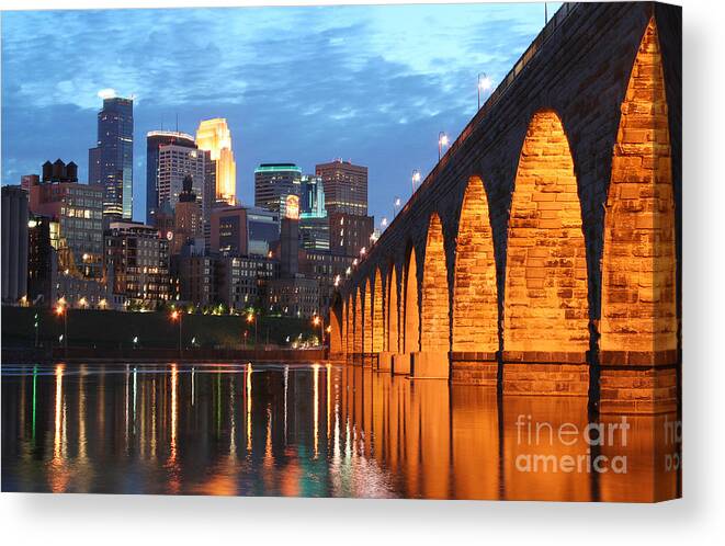 Minneapolis Skyline Canvas Print featuring the photograph Minneapolis Skyline Photography Stone Arch Bridge by Wayne Moran