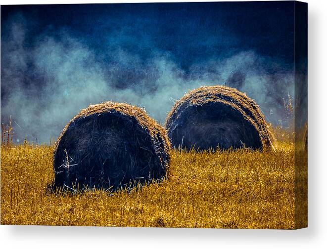 Agriculture Canvas Print featuring the photograph Misty Bales 2 by Brian Stevens