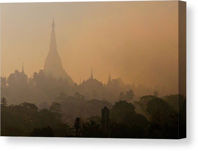 Spooky Canvas Print featuring the photograph Misty Morning Shwedagon by Jim Simmen