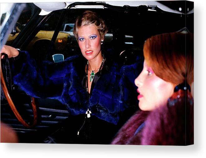 Fashion Canvas Print featuring the photograph Model Wearing A Blue Chinchilla Jacket In A Car by Kourken Pakchanian