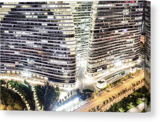 Tranquility Canvas Print featuring the photograph Modern Office Building Night by Linghe Zhao