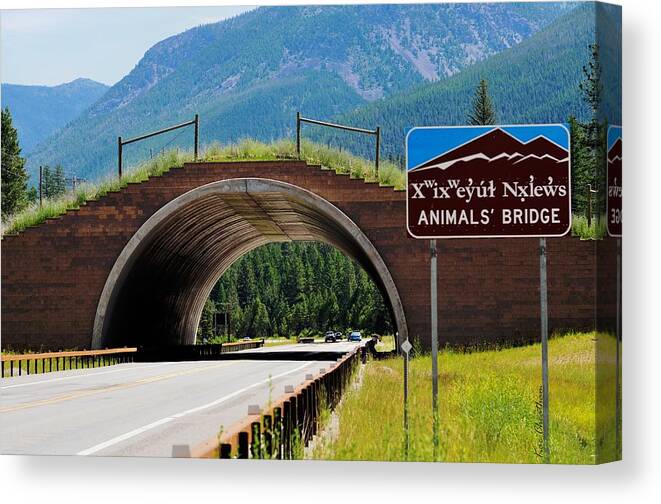 Landscape Canvas Print featuring the photograph Montana Highway - #2 Animals' Bridge by Kae Cheatham