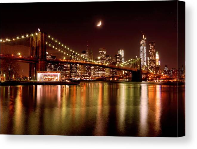 Amazing Brooklyn Bridge Photos Canvas Print featuring the photograph Moon Over the Brooklyn Bridge by Mitchell R Grosky