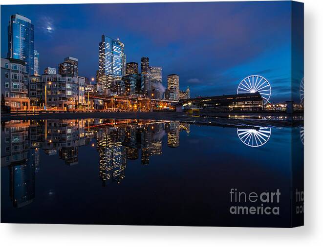 Seattle Canvas Print featuring the photograph Moon Over The Waterfront by Mike Reid