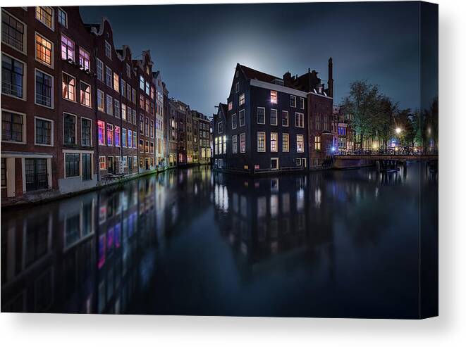 Jesusmgarcia Canvas Print featuring the photograph Moonlight Over Amsterdam by Jes??s M. Garc??a