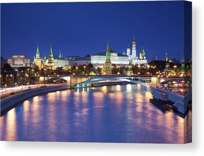 Arch Canvas Print featuring the photograph Moscow Kremlin And Moskva River At Dusk by Elena Aleksandrovna Ermakova