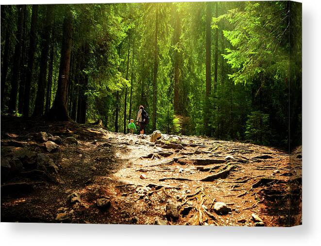 Sibling Canvas Print featuring the photograph Mother And Son At The Forest by Avalon studio