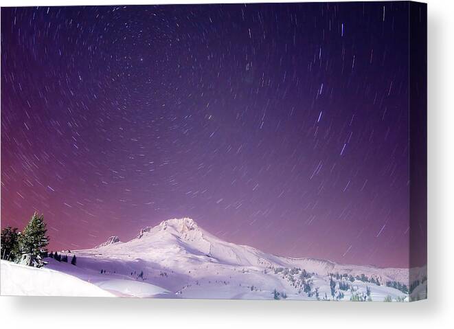  Snowfall Canvas Print featuring the photograph Mount Hood and Stars by Darren White