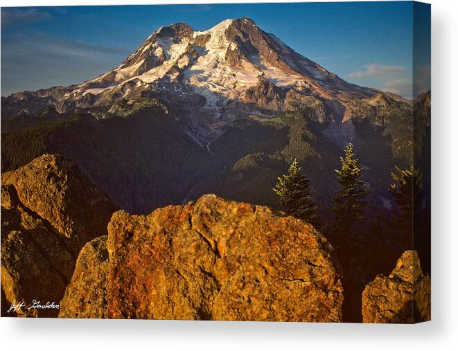 Awe Canvas Print featuring the photograph Mount Rainier at Sunset with Big Boulders in Foreground by Jeff Goulden