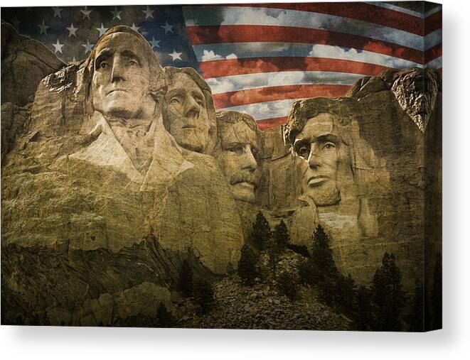 Sculpture Canvas Print featuring the photograph Mount Rushmore with the Stars and Stripes by Randall Nyhof