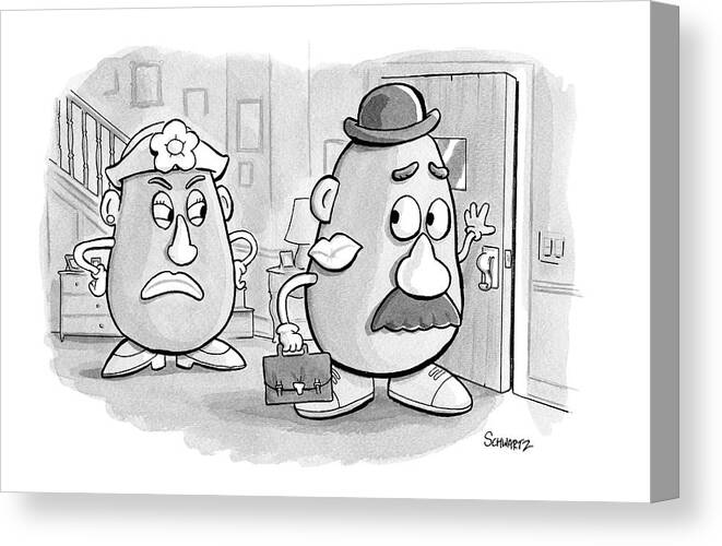 Captionless Adultery Canvas Print featuring the drawing Mrs. Potato Head Casts A Dirty Look by Benjamin Schwartz