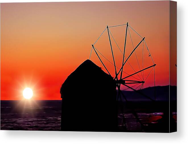 Greece Canvas Print featuring the photograph Mykonos Windmill in Orange Sunset by Mitchell R Grosky