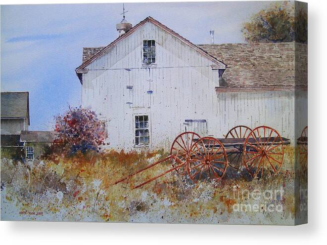 A White-washed Barn North Of Mystic Seaport Glows In The Sunlight Of An Autumn Day. Canvas Print featuring the painting Mystic Autumn by Monte Toon