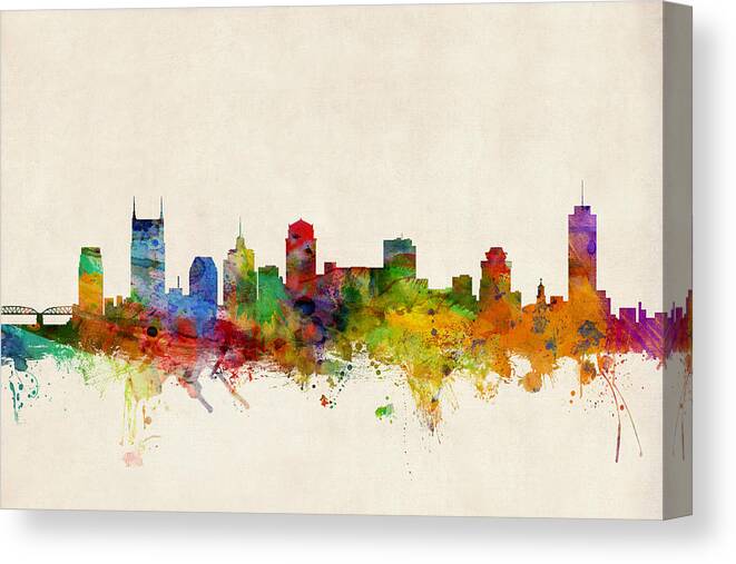 Watercolour Canvas Print featuring the digital art Nashville Tennessee Skyline by Michael Tompsett