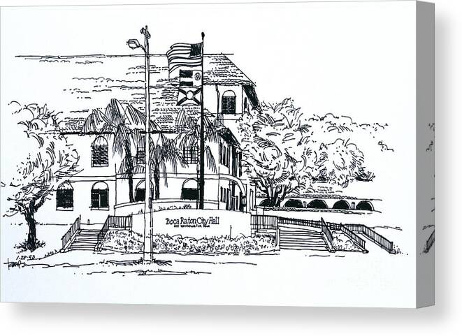 New Boca Raton City Hall On Palmetto Blvd Canvas Print featuring the drawing New Boca Raton City Hall by Robert Birkenes
