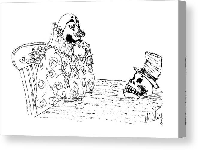 (picture Of A Clown Sitting At A Table Staring At A Skull That Is Wearing An Old Hat.)
Fashion Canvas Print featuring the drawing New Yorker September 1st, 1986 by William Steig