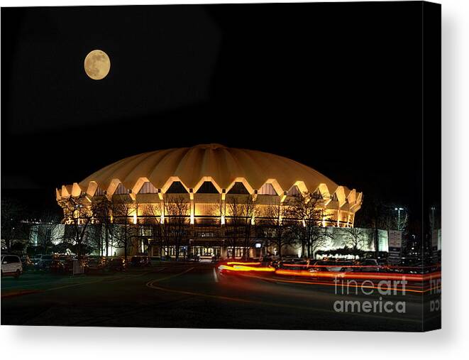  Wvu Canvas Print featuring the photograph night and moon WVU basketball arena by Dan Friend
